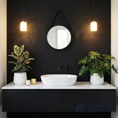 Modern bathroom with black textured wall, white marble countertop, and matte black vanity