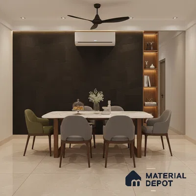 Modern dining room with marble-look table, beige marble floor tiles, and textured black accent wall panel