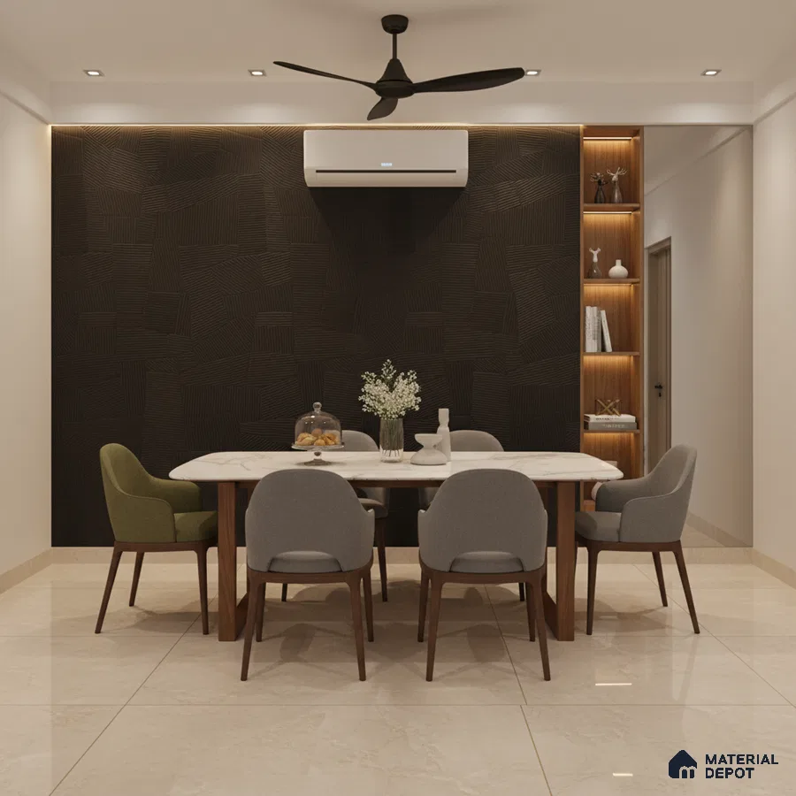 Modern dining room with marble-look table, beige marble floor tiles, and textured black accent wall panel