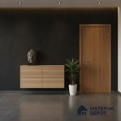 Modern foyer with black textured wall, light oak laminate console, and grey floor tiles