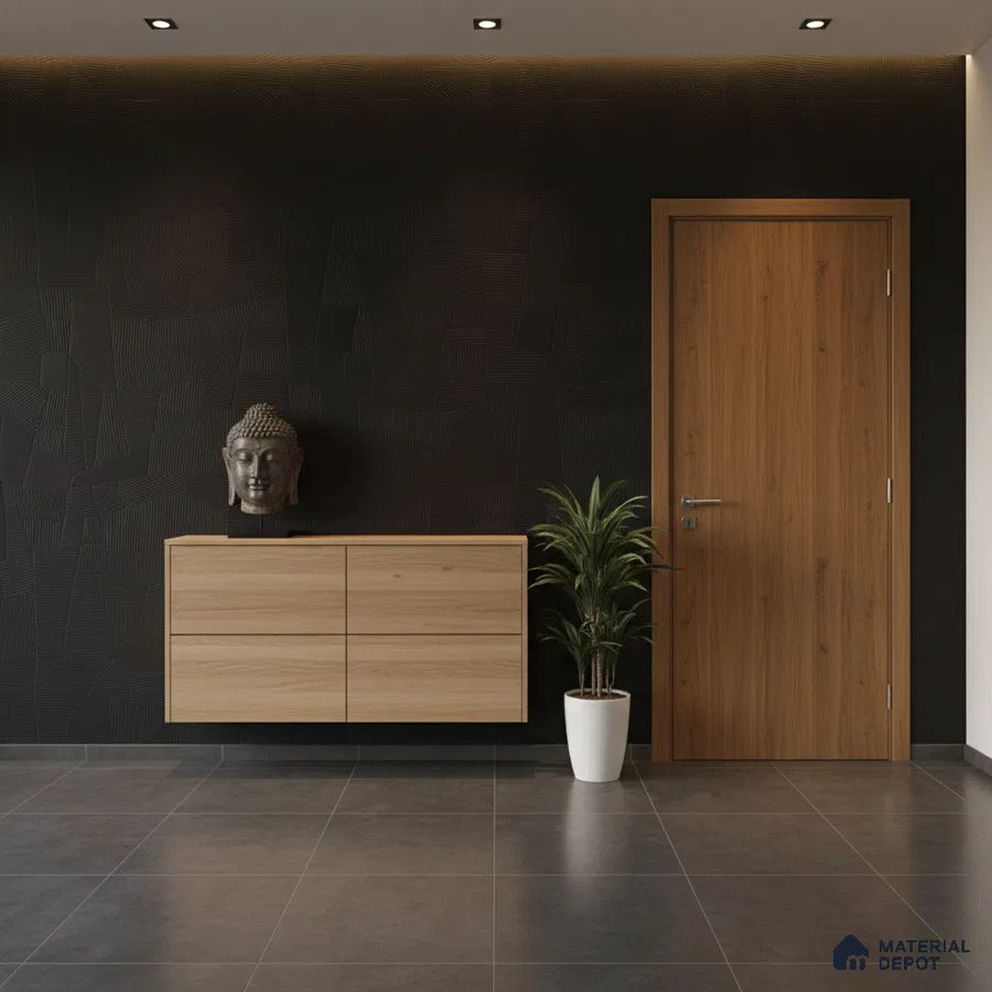 Modern foyer with black textured wall, light oak laminate console, and grey floor tiles