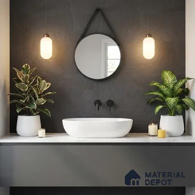 Modern bathroom with textured charcoal geometric wall tile and white marble countertop