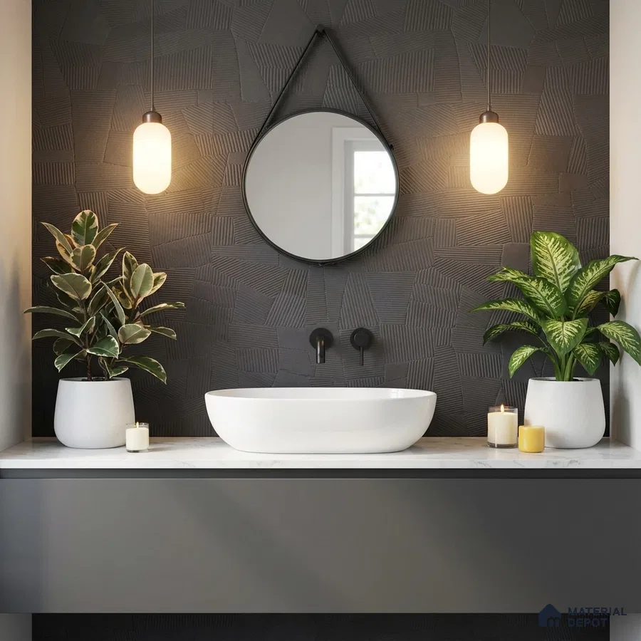 Modern bathroom with textured charcoal geometric wall tile and white marble countertop