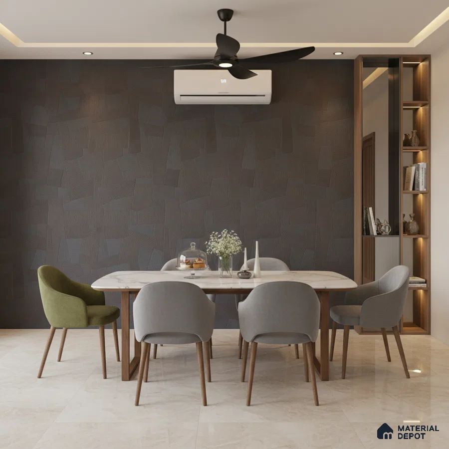 Modern dining room with textured dark geometric wallpaper, marble dining table, and beige marble floor tiles