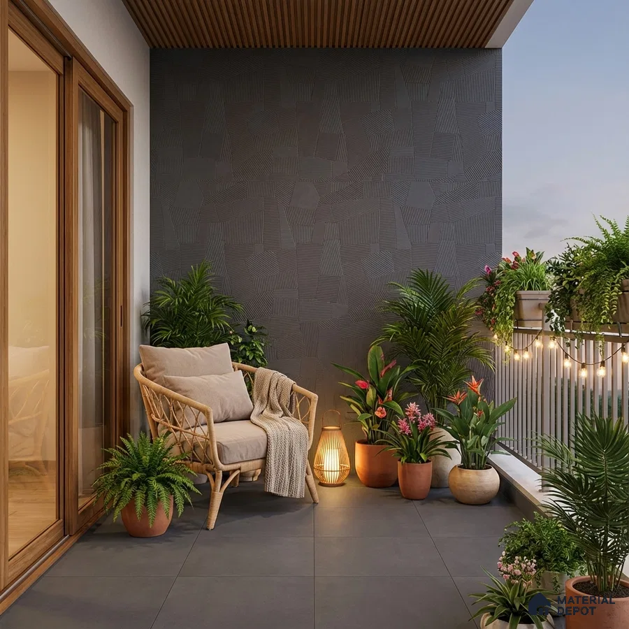 Scandinavian balcony with grey textured wall tile, matte grey floor tile, and natural wood ceiling slats