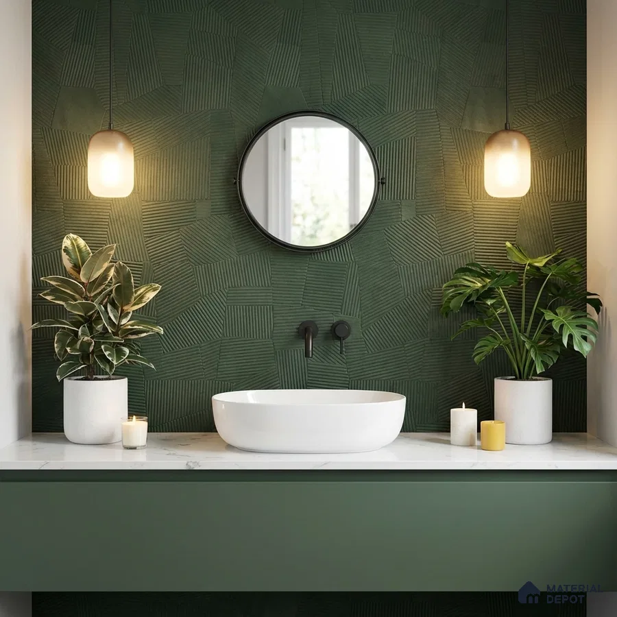 Modern bathroom with textured green geometric wall tile and white marble countertop