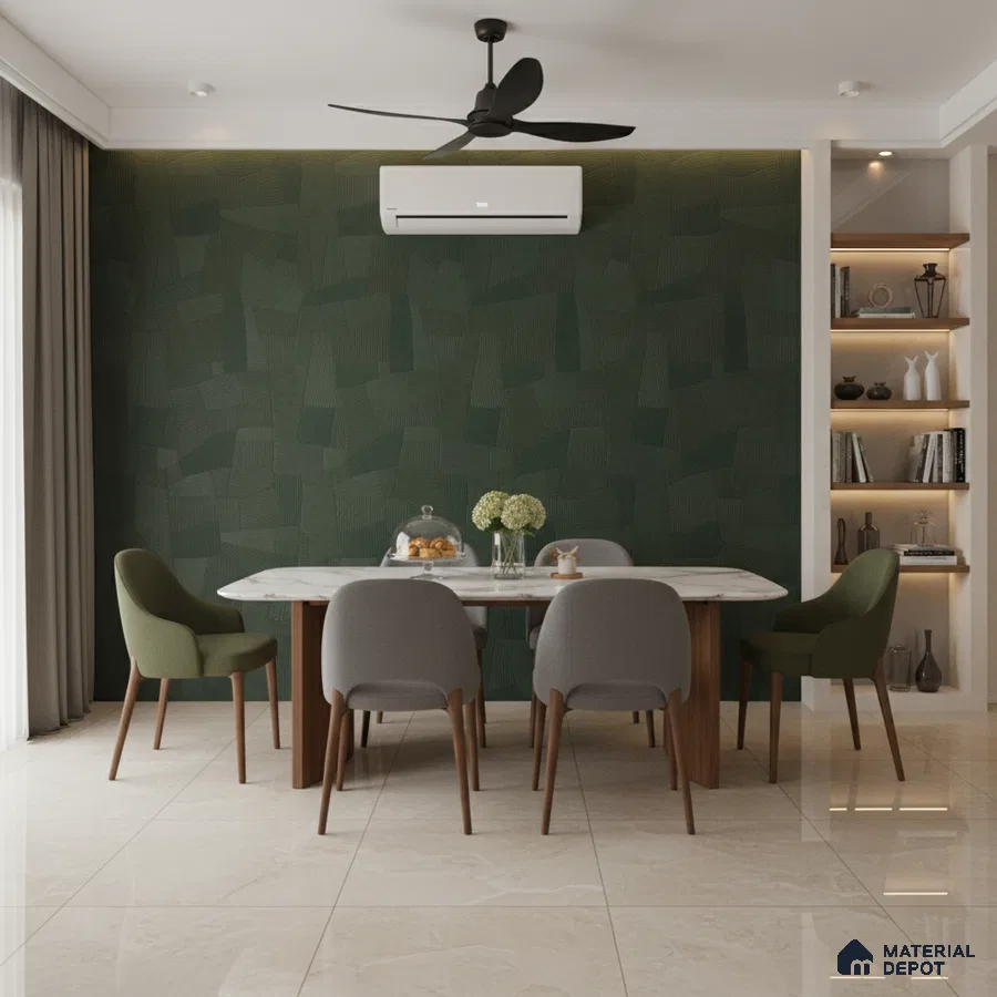 Modern dining room with green textured wallpaper, marble dining table, and beige marble floor tiles