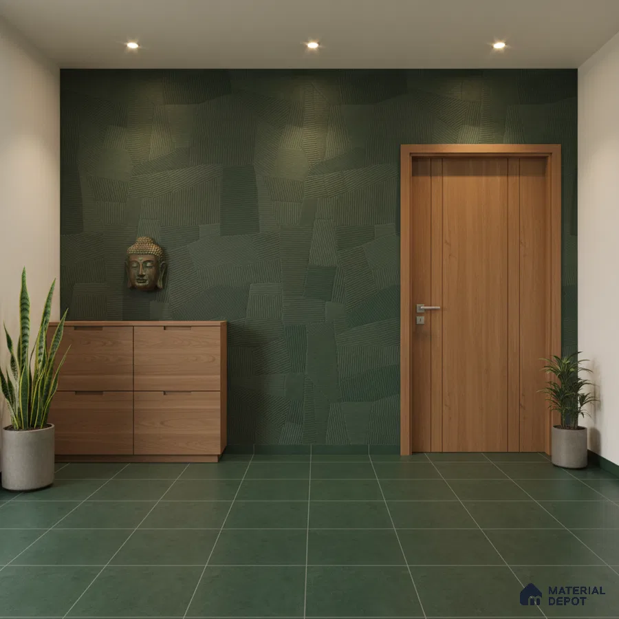 Modern foyer with green textured wall panels, green floor tiles, and natural oak laminate storage