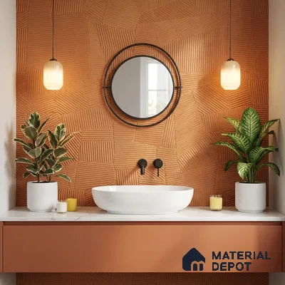 Modern bathroom with terracotta textured wall tiles and matte terracotta vanity