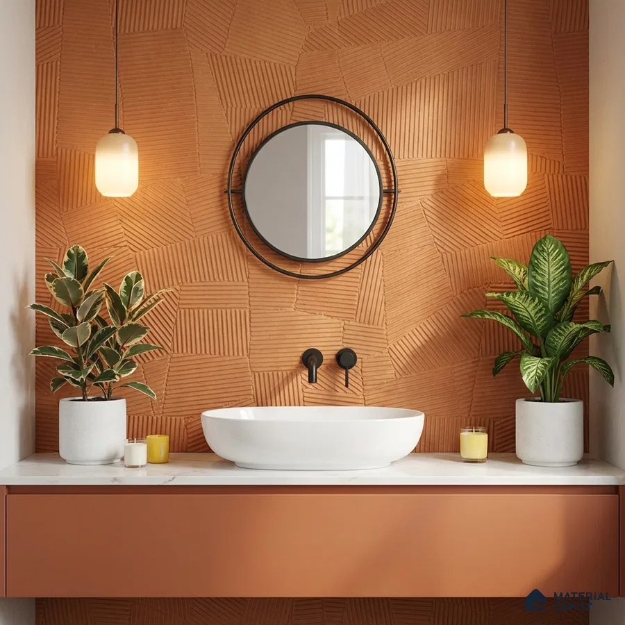 Modern bathroom with terracotta textured wall tiles and matte terracotta vanity
