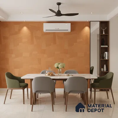 Modern dining room with terracotta textured wallpaper, marble dining table, and beige floor tiles