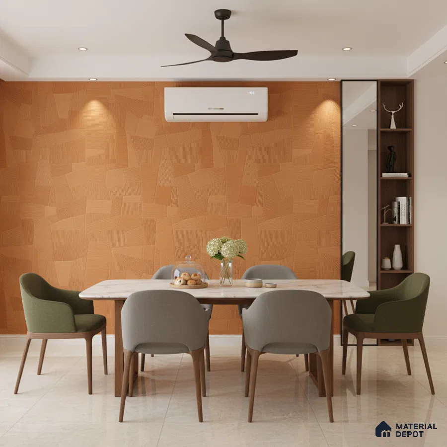 Modern dining room with terracotta textured wallpaper, marble dining table, and beige floor tiles