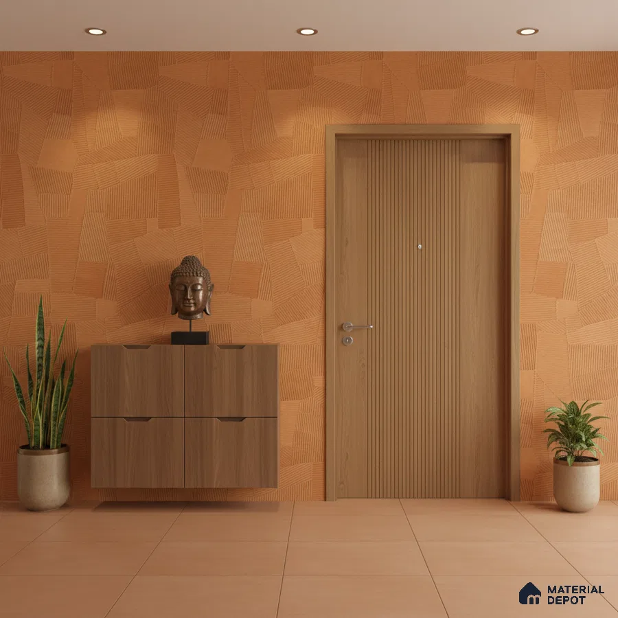 Modern foyer with terracotta textured wall tiles, wooden laminate door, and floating cabinet