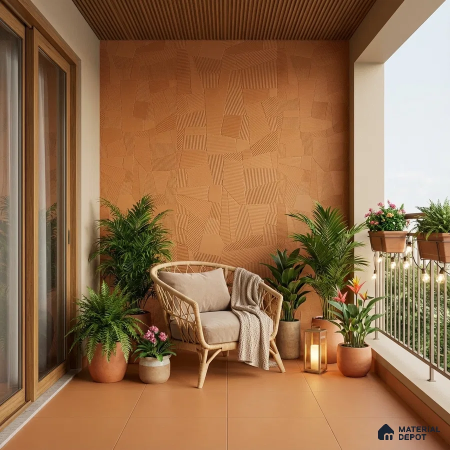Scandinavian balcony with terracotta textured wall tiles, terracotta floor tiles, and wooden ceiling louvers