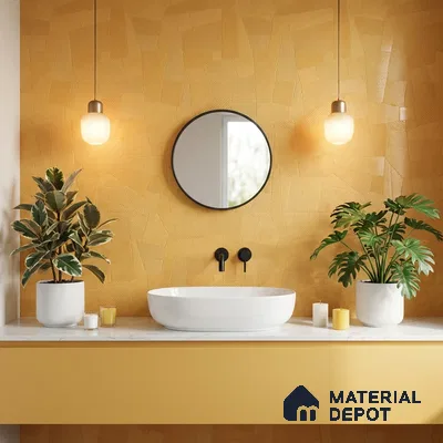 Modern bathroom with mustard yellow geometric textured wall tile and white marble countertop