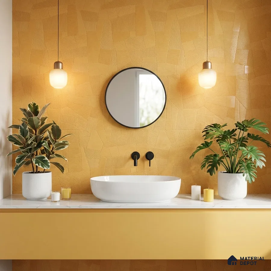 Modern bathroom with mustard yellow geometric textured wall tile and white marble countertop