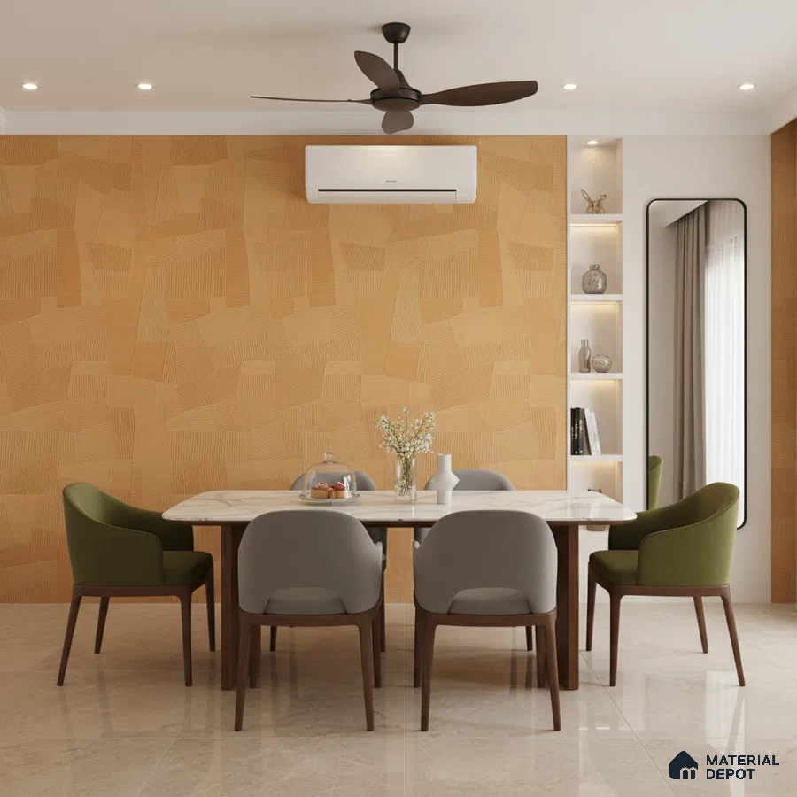 Modern dining room with beige geometric wallpaper, marble dining table, and glossy beige floor tiles
