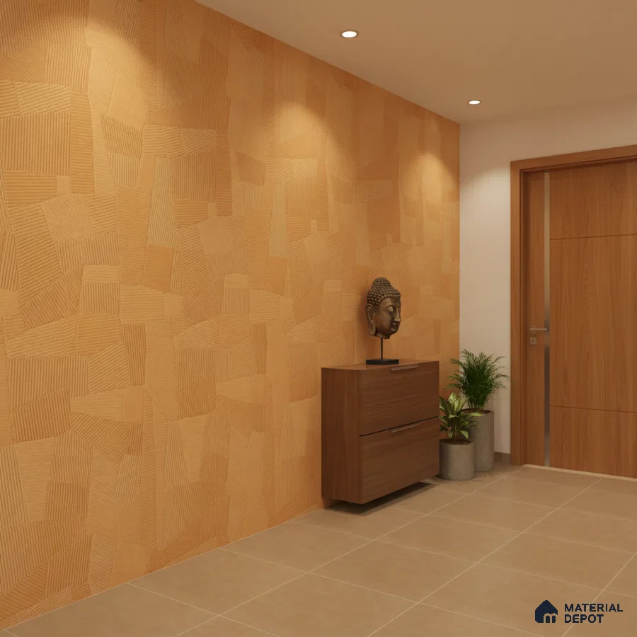 Modern foyer with textured beige wall panels, walnut wood laminate console, and beige floor tiles