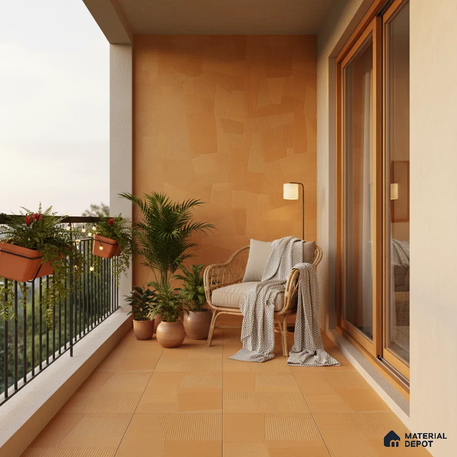Scandinavian balcony with terracotta textured wall tiles and matte terracotta floor tiles