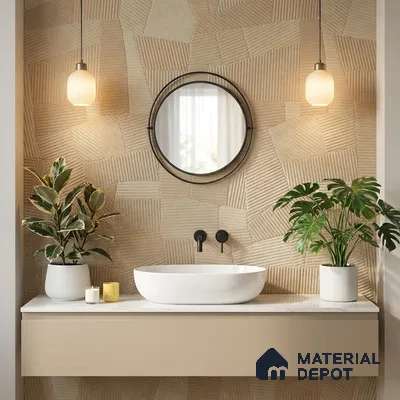 Minimalist bathroom with textured beige wall tiles and matte beige vanity