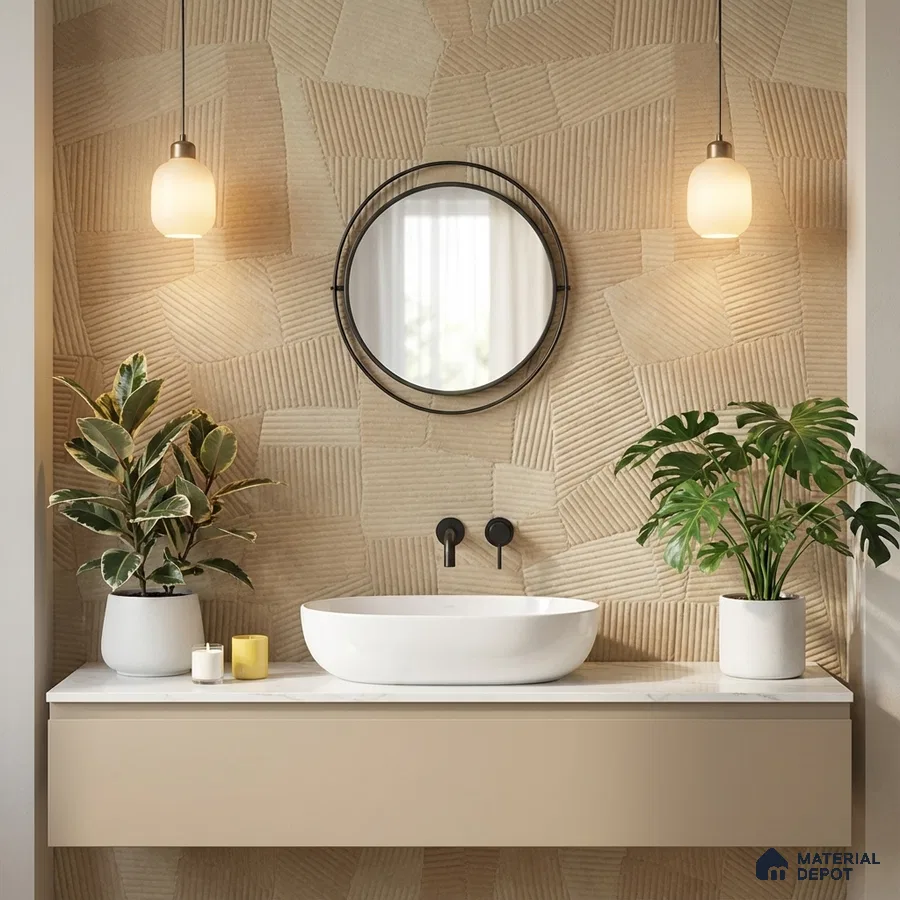Minimalist bathroom with textured beige wall tiles and matte beige vanity