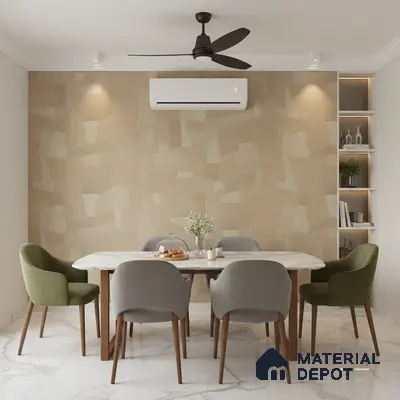 Modern dining room with beige geometric wallpaper, marble dining table, and white marble floor tiles