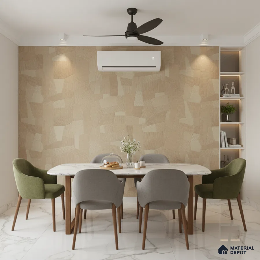 Modern dining room with beige geometric wallpaper, marble dining table, and white marble floor tiles