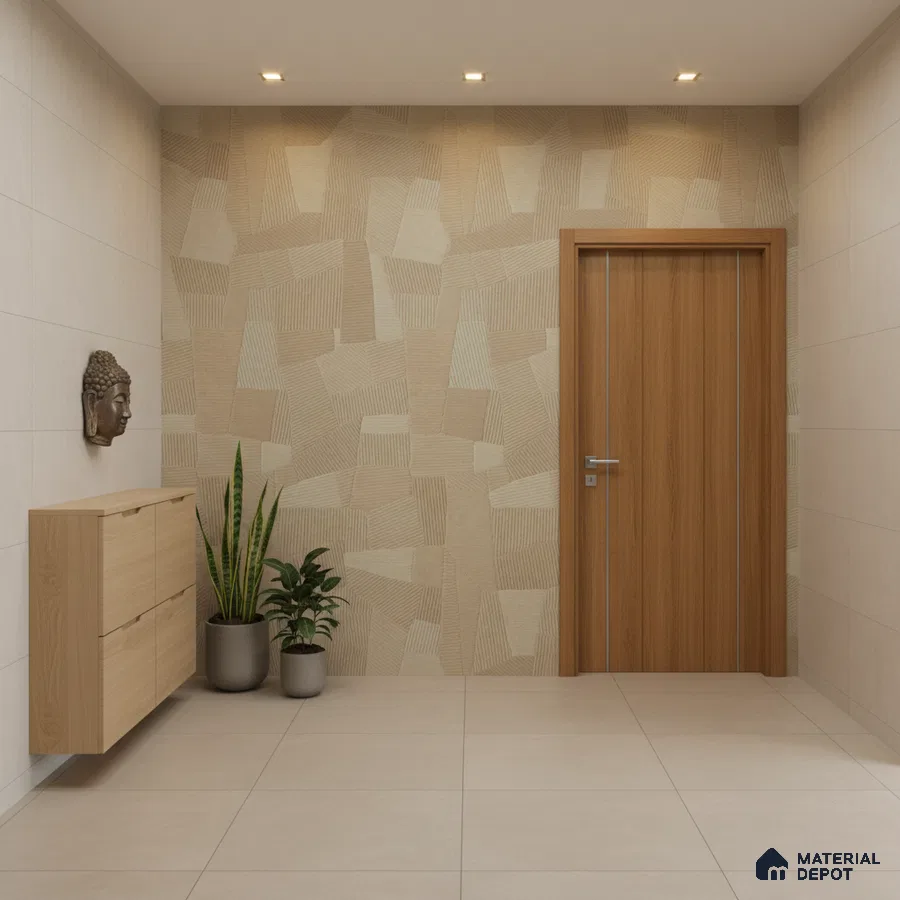 Modern foyer with beige geometric wallpaper, light wood laminate console, and large beige floor tiles