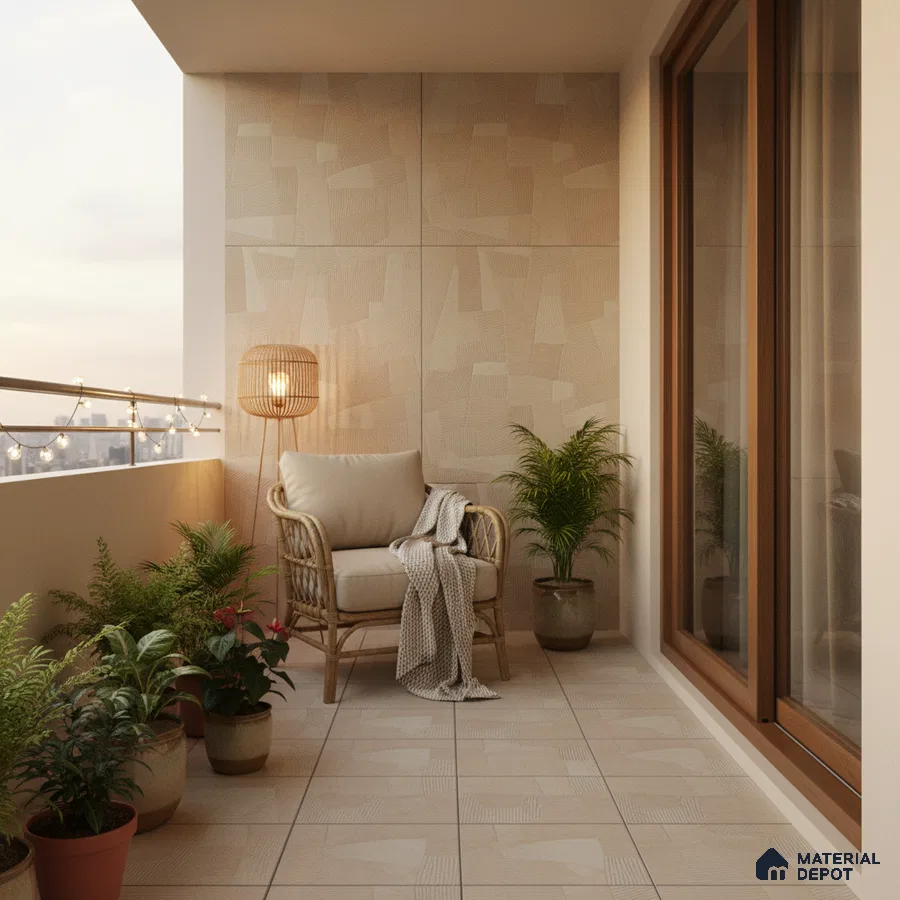 Scandinavian balcony with beige textured wall tiles and matte beige floor tiles