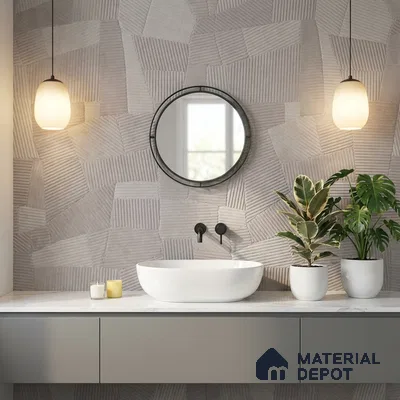 Minimalist bathroom with textured geometric wall tiles and white marble countertop