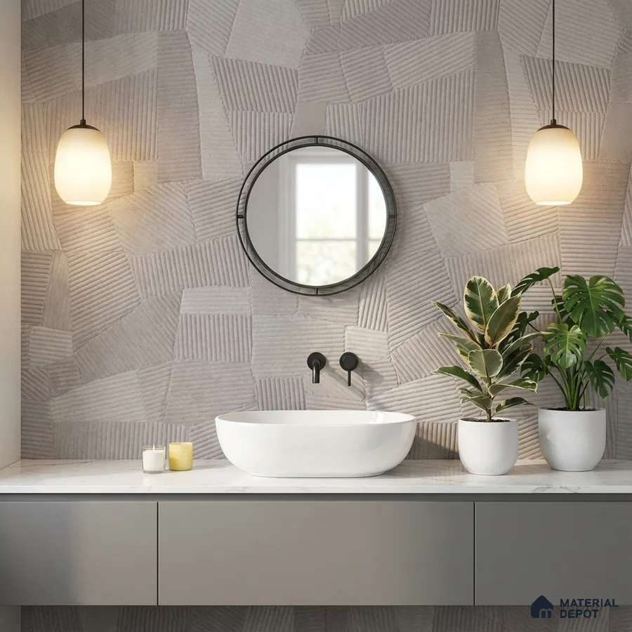 Minimalist bathroom with textured geometric wall tiles and white marble countertop