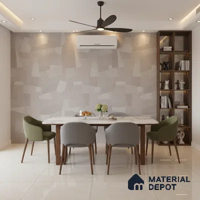 Modern dining room with geometric patterned wallpaper, marble dining table, and glossy beige floor tiles