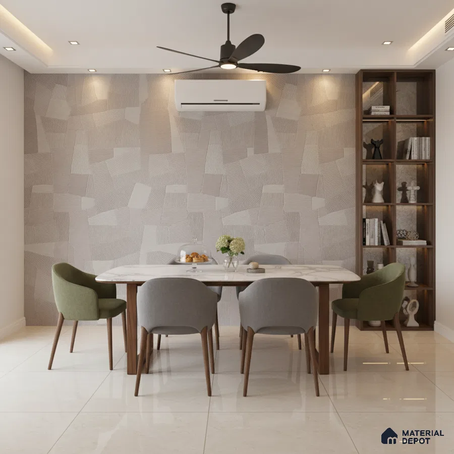 Modern dining room with geometric patterned wallpaper, marble dining table, and glossy beige floor tiles