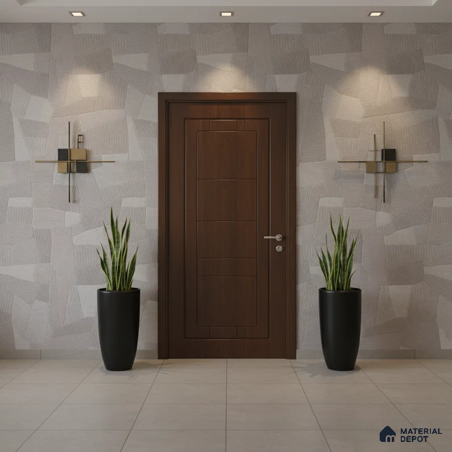 Modern foyer with geometric patterned wallpaper, walnut wood door, and large format beige floor tiles