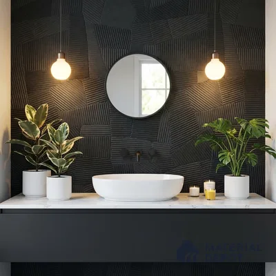 Modern bathroom with black textured wall tiles and white marble countertop