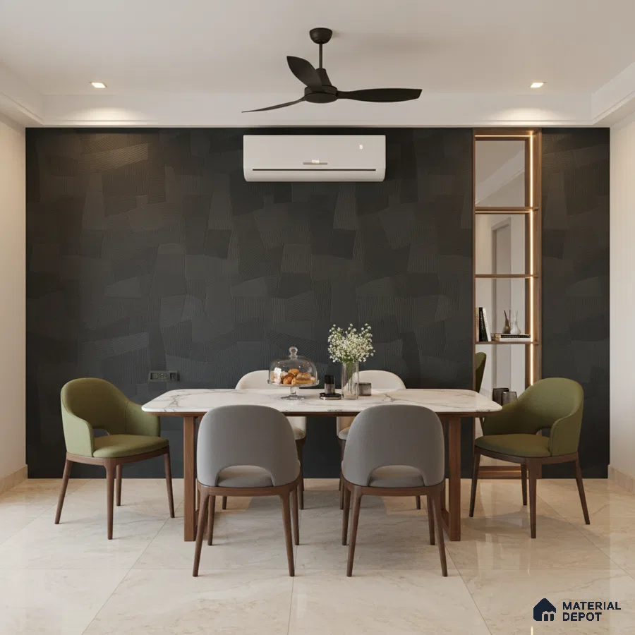 Modern dining room with black textured accent wall, marble dining table, and beige marble floor tiles