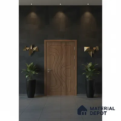 Modern foyer with walnut wood door, textured black wall panels, and grey floor tiles