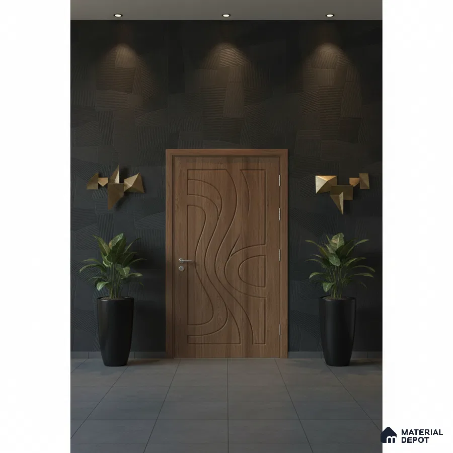 Modern foyer with walnut wood door, textured black wall panels, and grey floor tiles