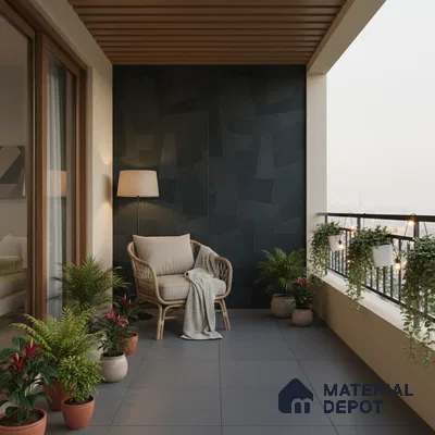 Modern balcony with grey floor tiles, wooden ceiling louvers, and textured black accent wall