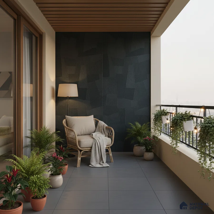 Modern balcony with grey floor tiles, wooden ceiling louvers, and textured black accent wall