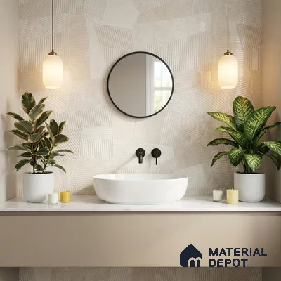Minimalist bathroom with textured beige geometric wall tiles and white countertop basin