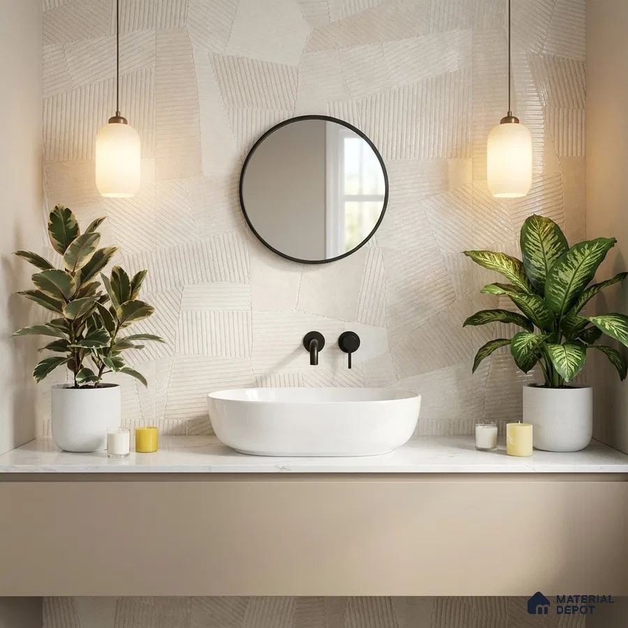 Minimalist bathroom with textured beige geometric wall tiles and white countertop basin