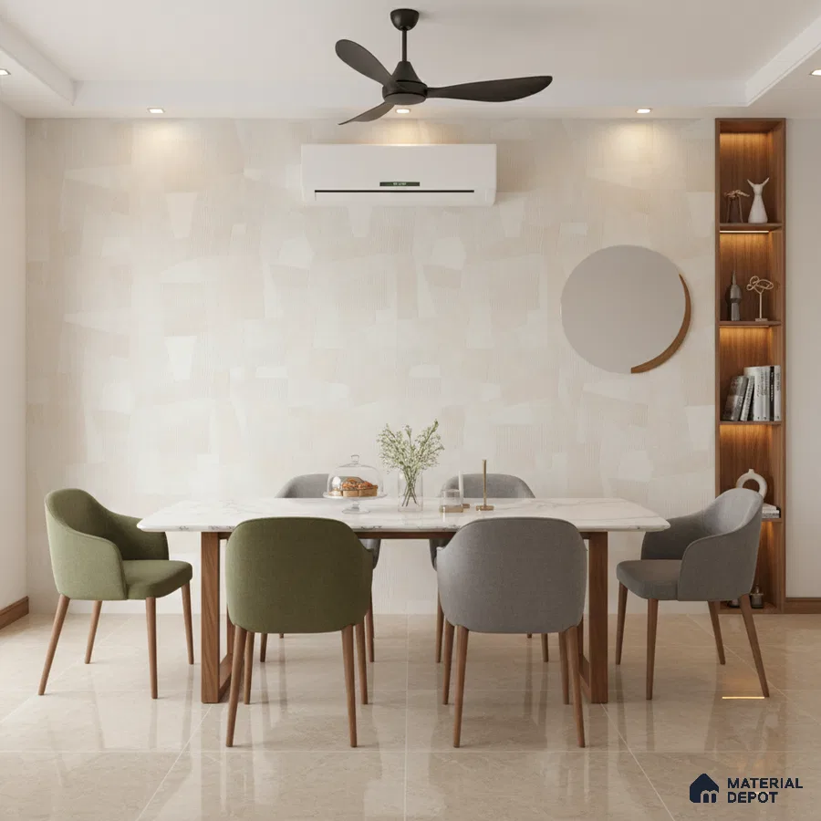 Scandinavian dining room with beige textured wallpaper, marble dining table, and glossy beige floor tiles