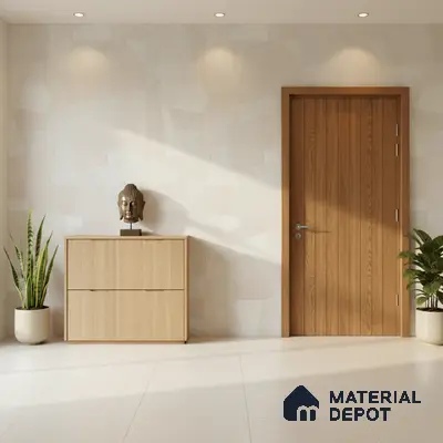 Scandinavian foyer with light oak laminate console, textured beige wallpaper, and ivory floor tiles