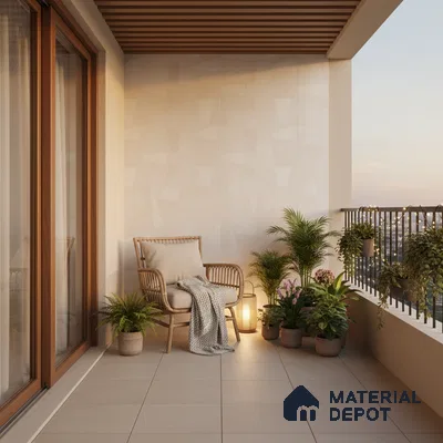 Scandinavian balcony with beige ceramic floor tiles, wooden ceiling louvers, and textured wall tiles