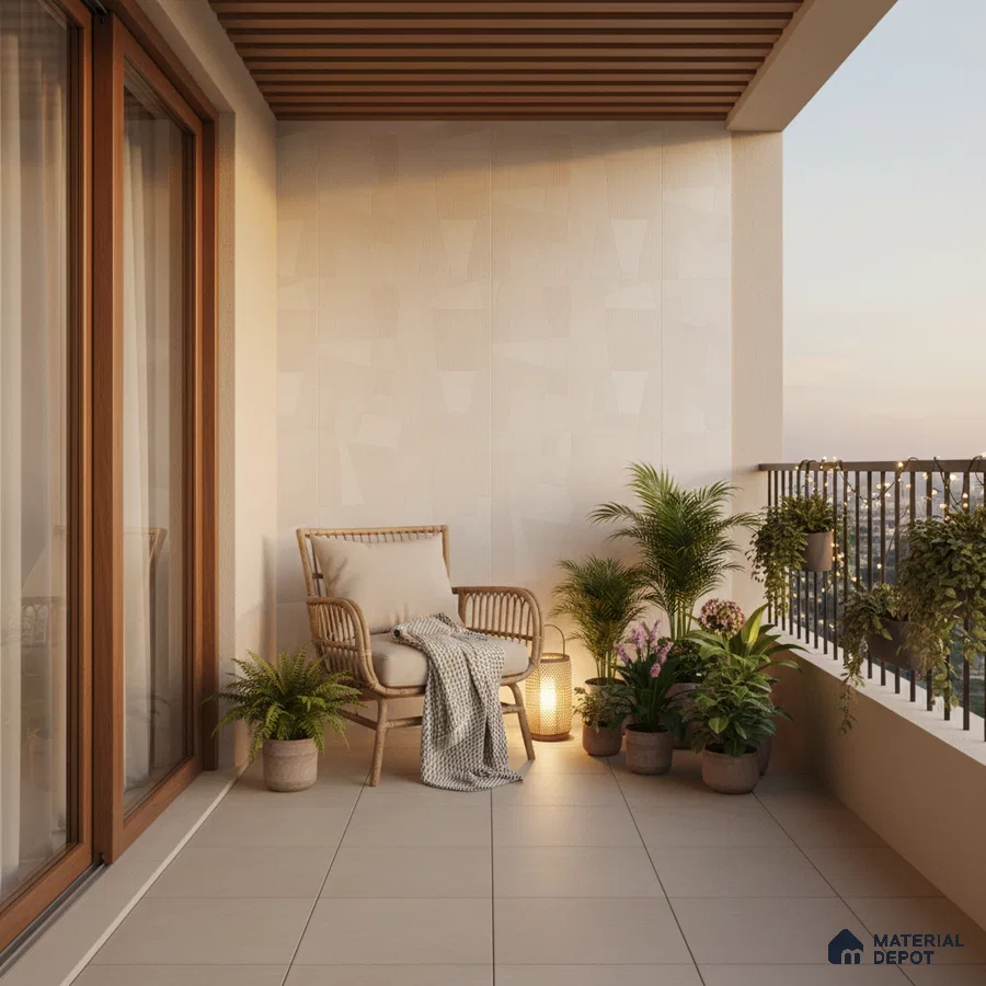 Scandinavian balcony with beige ceramic floor tiles, wooden ceiling louvers, and textured wall tiles