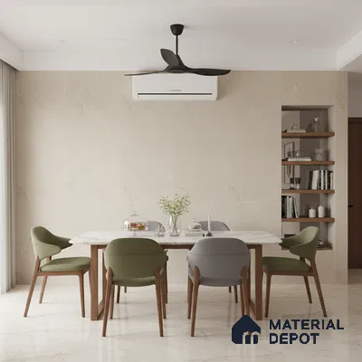 Minimalist dining room with marble-look floor tiles, beige marble wall tiles, and wood-accent dining chairs