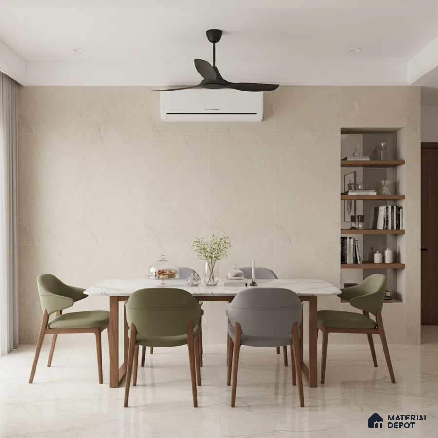 Minimalist dining room with marble-look floor tiles, beige marble wall tiles, and wood-accent dining chairs