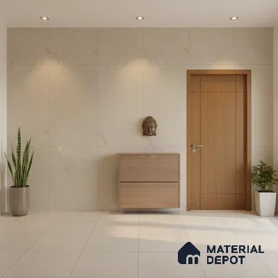 Minimalist foyer with beige stone wall tiles, light wood laminate console, and ivory floor tiles