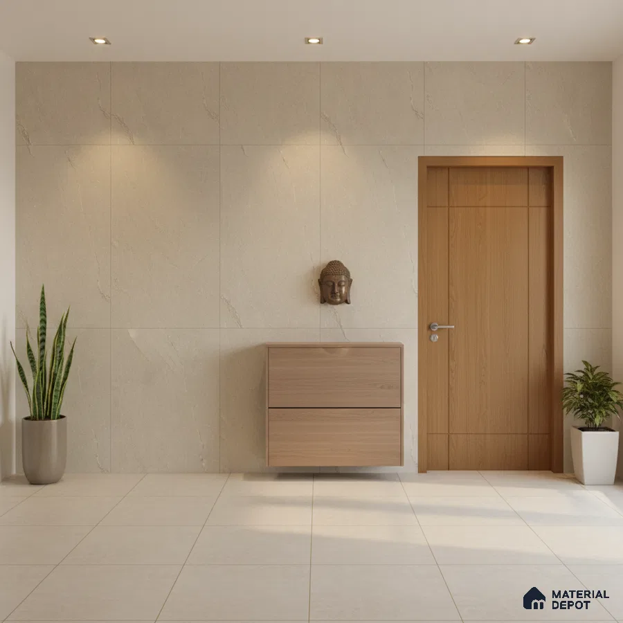 Minimalist foyer with beige stone wall tiles, light wood laminate console, and ivory floor tiles